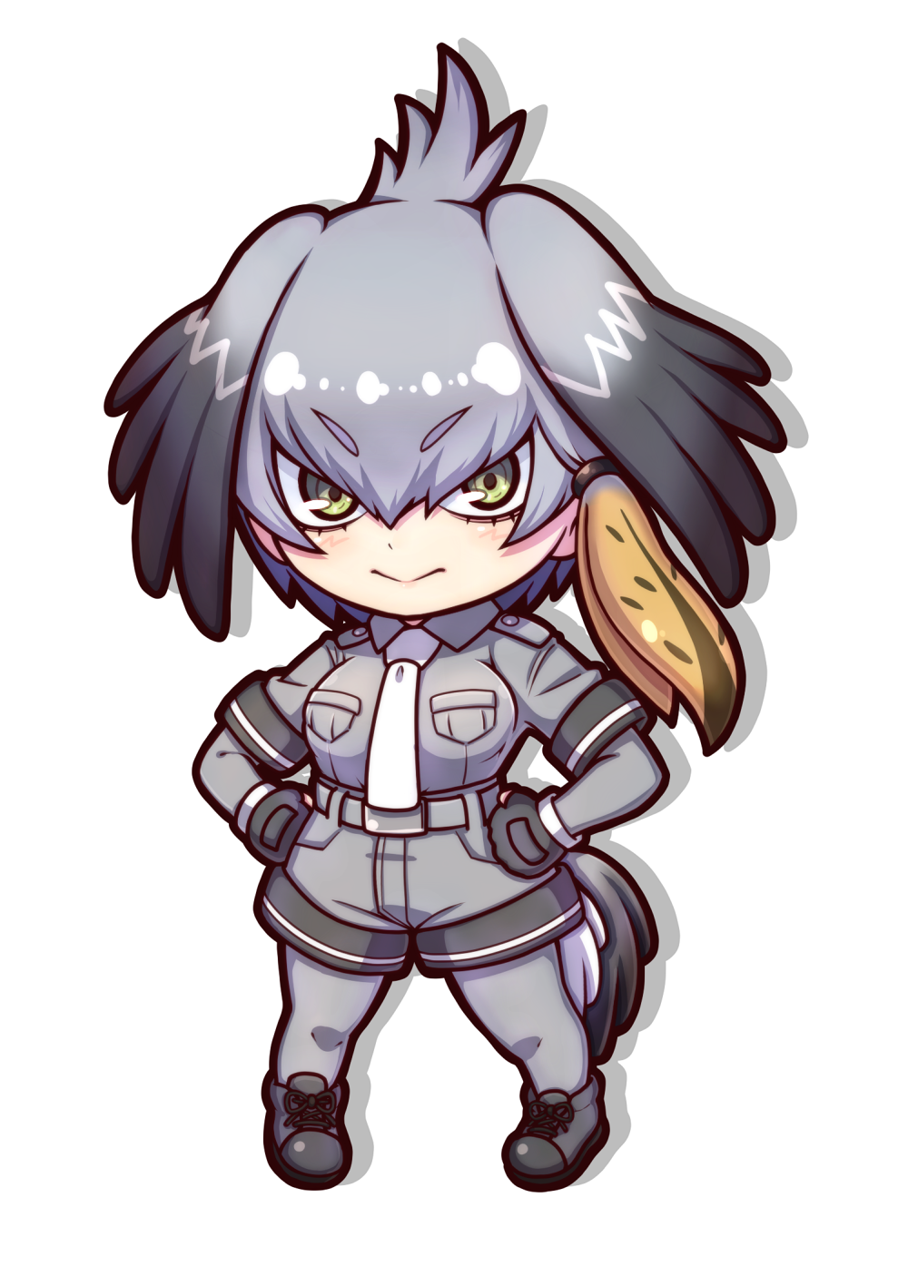 1girl ascot belt bird_girl black_footwear breast_pocket chibi drop_shadow eyelashes fingerless_gloves gloves green_eyes grey_belt grey_hair grey_pantyhose grey_shirt grey_shorts grey_wings head_wings highres kemono_friends miloku pantyhose pocket shirt shoebill_(kemono_friends) short_sleeves shorts smile solo white_ascot white_background wings