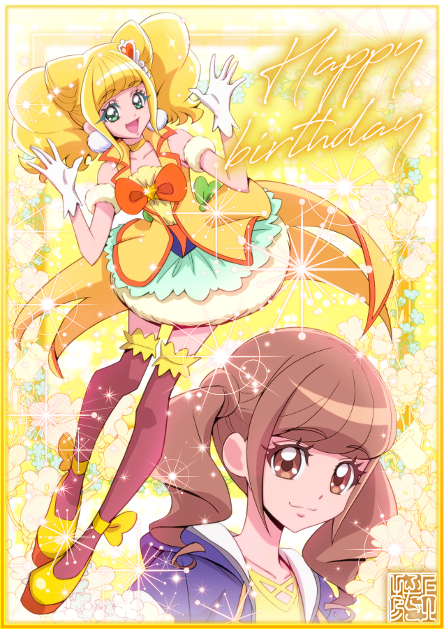 1girl :d artist_logo blonde_hair border bow brown_eyes brown_hair choker commentary_request cure_sparkle earrings eyelashes gloves green_eyes hair_ornament happy happy_birthday healin'_good_precure hiramitsu_hinata jewelry kamikita_futago long_hair looking_at_viewer magical_girl pom_pom_(clothes) pom_pom_earrings precure skirt smile solo standing thighhighs thighs twintails yellow_border yellow_choker