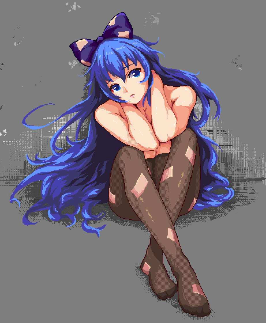 1girl black_pantyhose blue_bow blue_eyes blue_hair bow closed_mouth commentary debt full_body grey_background hair_bow knees_up long_hair looking_at_viewer navel pantyhose pixel_art puck100ml simple_background sitting solo touhou very_long_hair yorigami_shion