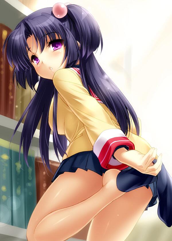 1girl black_socks blue_hair blue_skirt blunt_ends blush clannad commentary cowboy_shot eyelashes eyes_visible_through_hair hair_between_eyes hair_bobbles hair_ornament ichinose_kotomi indoors jacket lens_flare library long_hair long_sleeves looking_at_another looking_at_viewer miniskirt parted_lips pleated_skirt purple_eyes removing_sock school_uniform shiny_skin skirt socks solo standing standing_on_one_leg thighs two_side_up yellow_jacket zen_(kamuro)