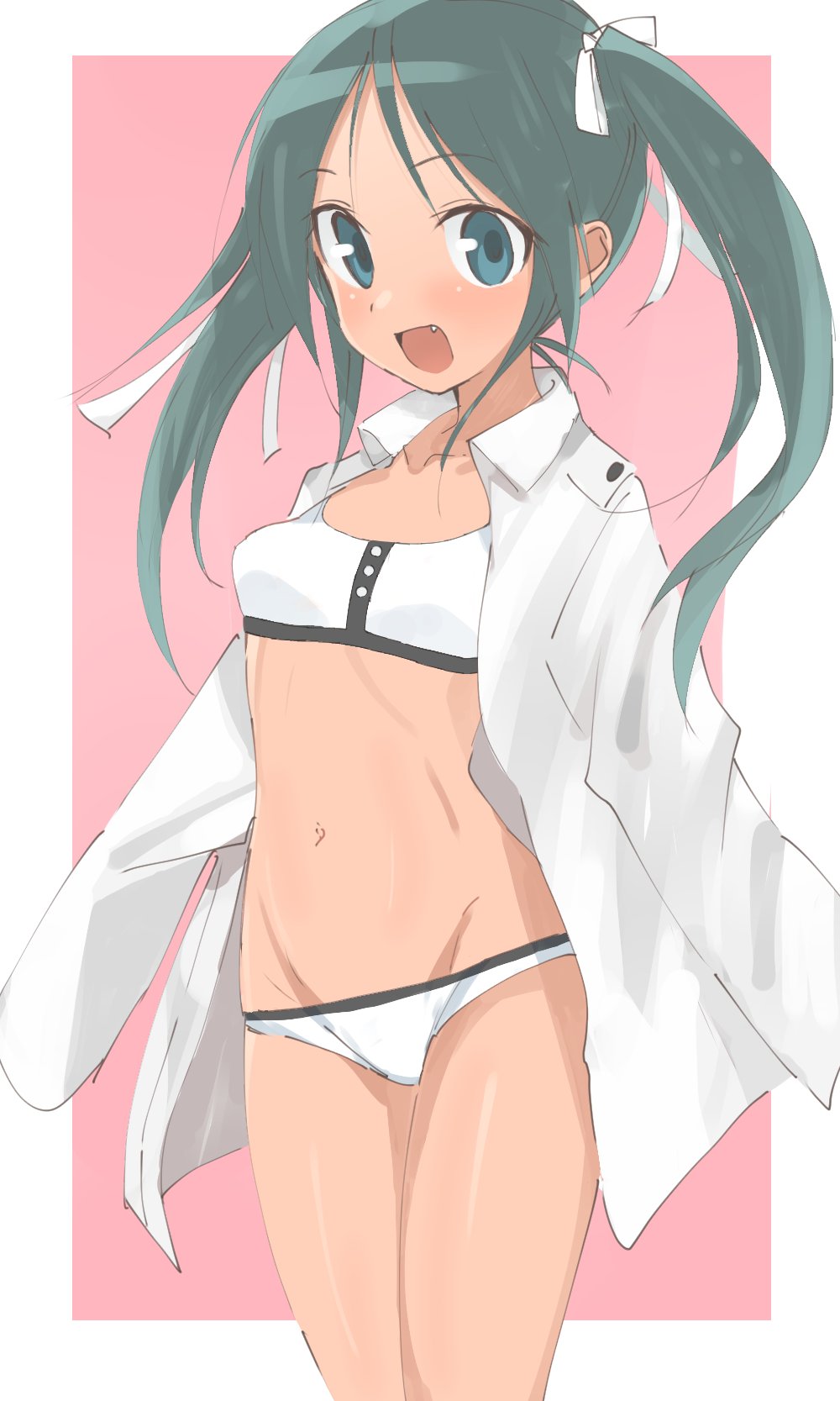 1girl bikini black_hair breasts collared_shirt cowboy_shot dark-skinned_female dark_skin dress_shirt francesca_lucchini green_eyes groin highres long_hair open_clothes open_mouth open_shirt remoso shirt small_breasts smile solo strike_witches swimsuit white_bikini white_shirt world_witches_series