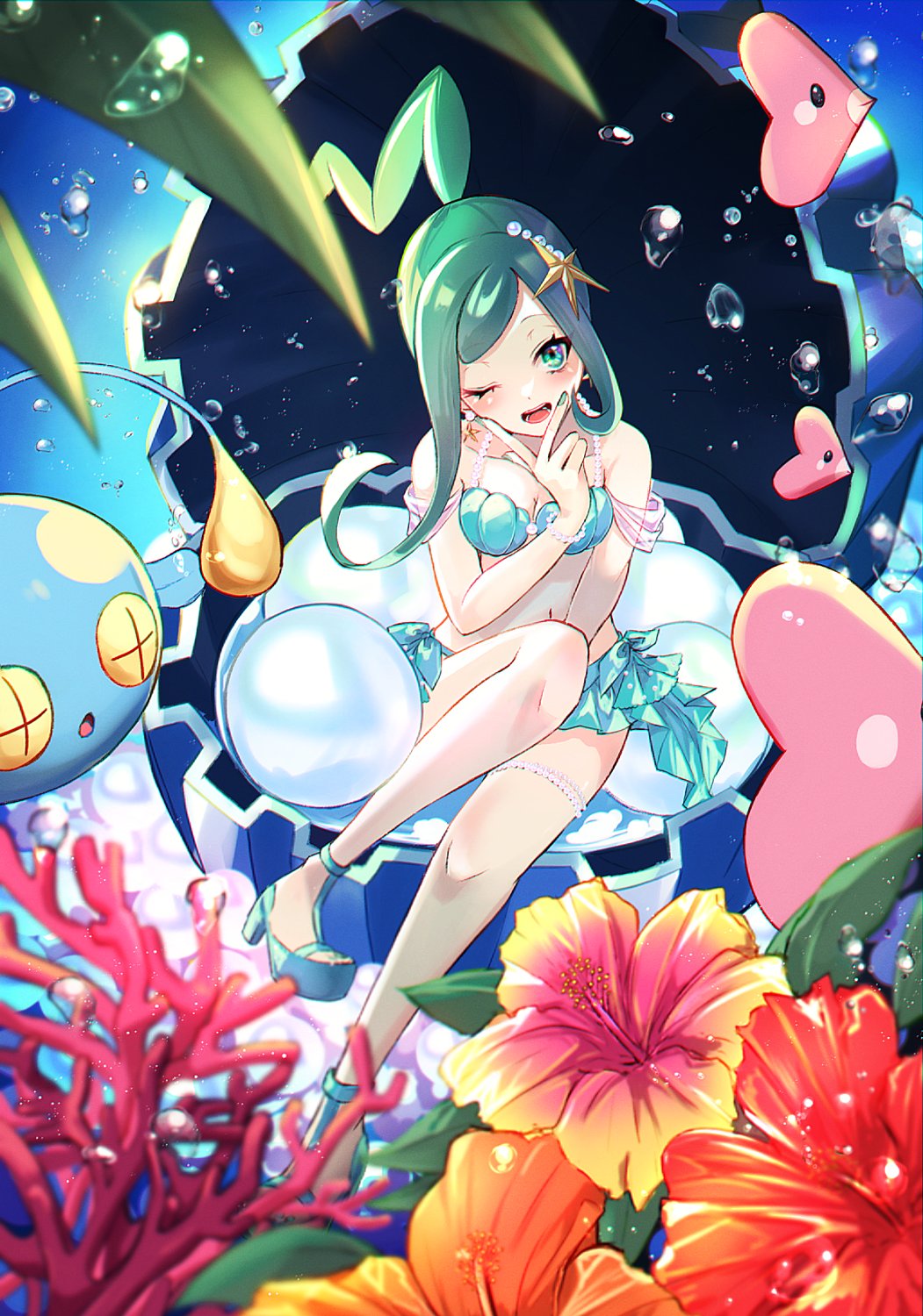 1girl :d alternate_costume bikini blush chinchou commentary_request coral eyelashes flower green_bikini green_eyes green_footwear green_hair green_nails hair_ornament hand_up high_heels highres knees lisia_(pokemon) looking_at_viewer luvdisc nail_polish off_shoulder open_mouth platform_footwear pokemon pokemon_(creature) pokemon_(game) pokemon_oras sidelocks sitting smile ssn_(sasa8u9r) swimsuit teeth thigh_strap tongue v