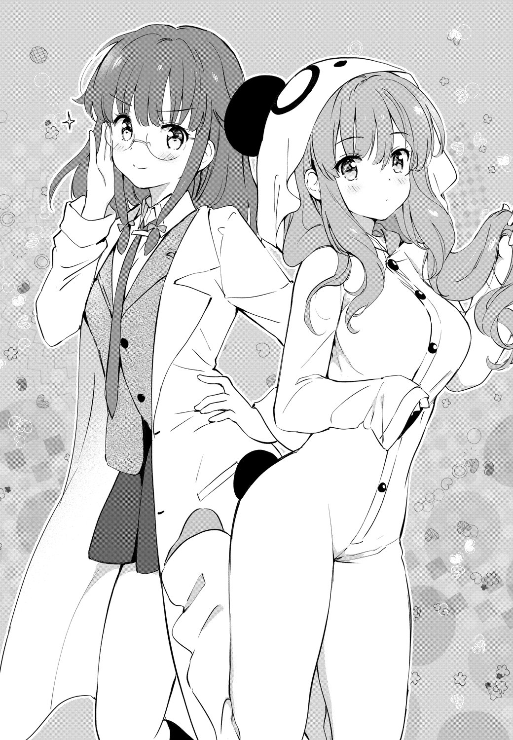 2girls akina_tsukako animal_hood azusagawa_kaede blunt_bangs blush bow breasts closed_mouth commentary_request cosplay cowboy_shot expressionless eyelashes eyes_visible_through_hair futaba_rio glasses grey_background hair_between_eyes hair_bow hand_on_own_hip hand_up highres hood hood_up kigurumi lab_coat large_breasts long_hair looking_at_viewer miniskirt monochrome multicolored_hair multiple_girls necktie panda_hood playing_with_own_hair pleated_skirt round_eyewear seishun_buta_yarou sidelocks simple_background skirt sleeves_past_wrists smile smug sparkle standing streaked_hair wavy_hair