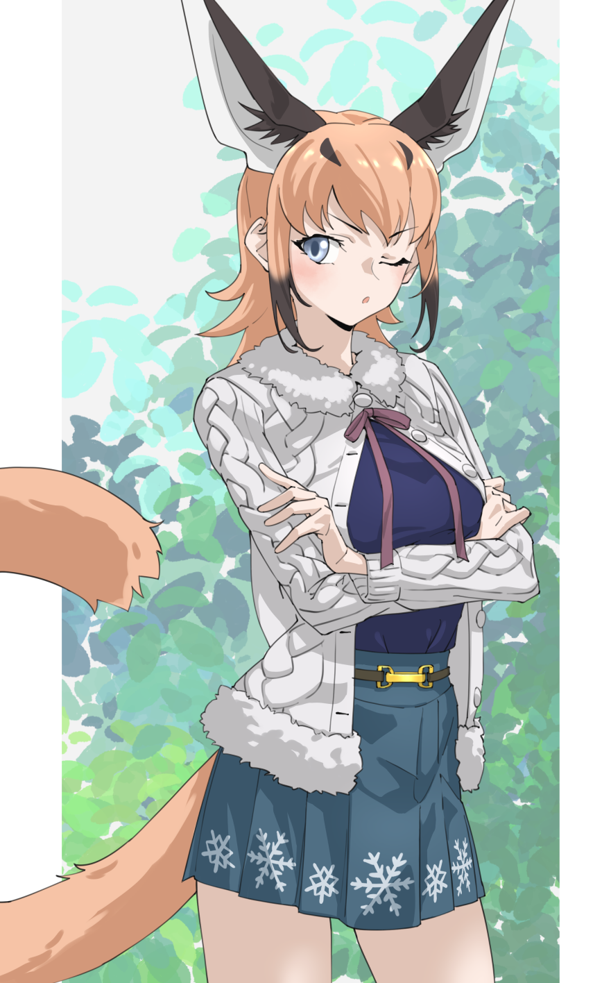 1girl animal_ear_fluff animal_ears black_hair blue_eyes blue_shirt blue_skirt blush caracal_(kemono_friends) caracal_ears casual cat_ears cat_girl cat_tail commentary cowboy_shot crossed_arms extra_ears fur_collar hair_between_eyes highres kemono_friends kemono_friends_3 long_sleeves looking_to_the_side miniskirt multicolored_hair official_alternate_costume one_eye_closed orange_hair pleated_skirt shirt short_hair sidelocks skirt solo sweater tail tanabe_(fueisei) two-tone_hair white_fur white_sweater