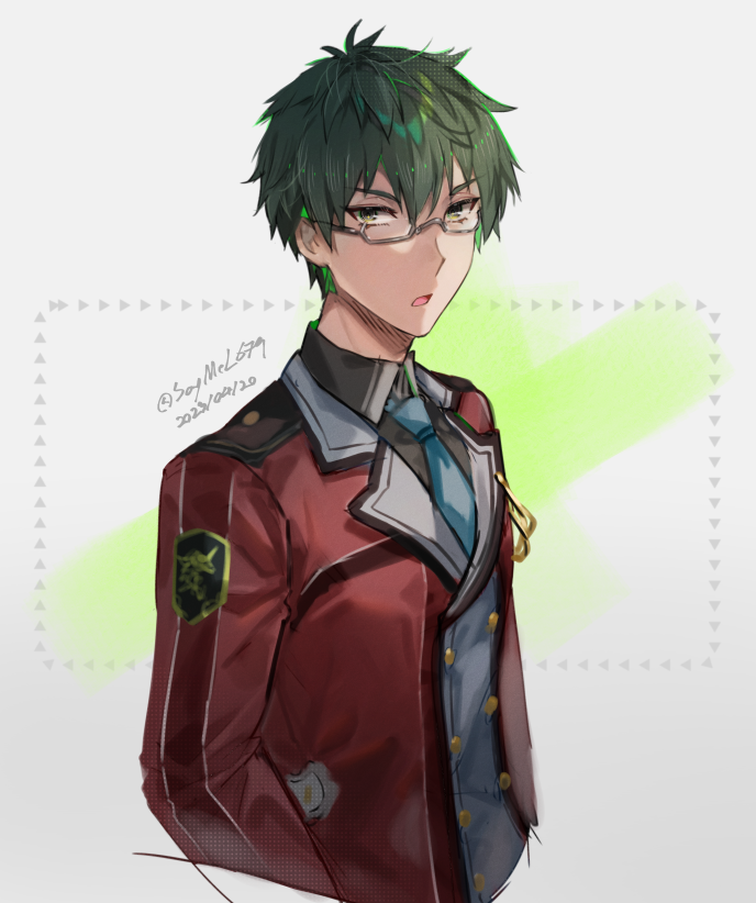 1boy dated eiyuu_densetsu glasses green_hair jacket looking_at_viewer machias_regnitz necktie portrait saymel679 school_uniform sen_no_kiseki short_hair solo thors_military_academy_school_uniform twitter_username uniform upper_body yellow_eyes