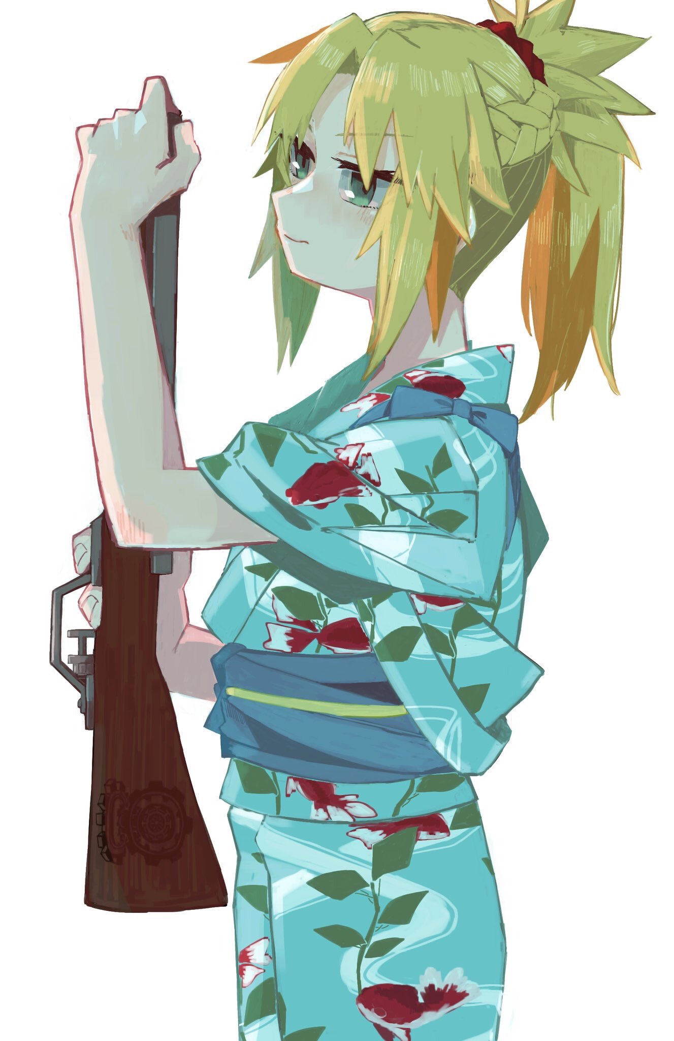 1girl air_gun animal_print closed_mouth cork_gun fate/grand_order fate_(series) fish_print goldfish_print green_eyes hair_ornament hair_scrunchie highres holding holding_weapon japanese_clothes kimono mordred_(anniversary_heroines)_(fate) mordred_(fate) obi ponytail red_scrunchie sash scrunchie simple_background solo uotsu_(sabakou) weapon white_background yukata