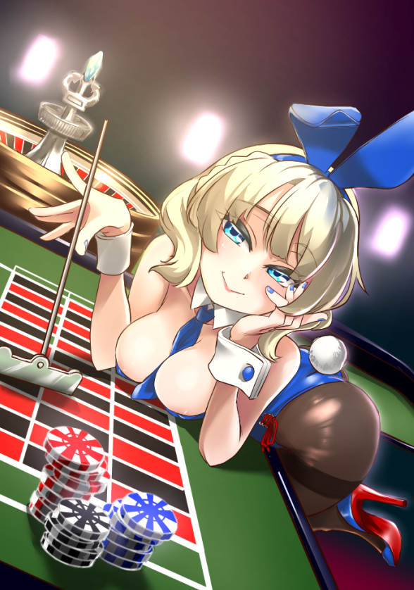 1girl alternate_costume animal_ears black_pantyhose blonde_hair blue_eyes blue_leotard blue_nails breast_press breasts colorado_(kancolle) detached_collar dutch_angle fake_animal_ears kantai_collection large_breasts leotard nail_polish on_table pantyhose playboy_bunny poker_table rabbit_ears rabbit_tail rake roulette_table short_hair solo strapless strapless_leotard table tail thighband_pantyhose udukikosuke wrist_cuffs