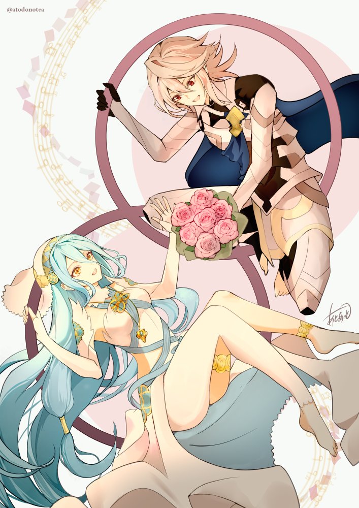 1boy 1girl anklet armor atoatto azura_(fire_emblem) barefoot black_gloves blue_cape blue_hair bouquet breasts cape commentary_request corrin_(fire_emblem) corrin_(male)_(fire_emblem) detached_collar dress fingerless_gloves fire_emblem fire_emblem_fates flower gloves grey_hair hair_between_eyes hair_tubes holding holding_bouquet jewelry long_hair looking_at_another medium_breasts musical_note necklace open_mouth pink_flower pink_rose pointy_ears red_eyes rose short_hair signature smile strapless strapless_dress thighs toes twitter_username veil very_long_hair white_dress white_gloves yellow_eyes