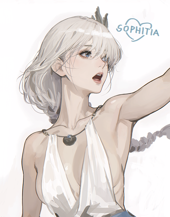 1girl armpits blue_eyes braid breasts character_name collarbone d.k dress floating_hair grey_hair hair_ornament hair_over_one_eye heart leaf_hair_ornament long_hair looking_to_the_side low_neckline medium_breasts open_mouth ribs simple_background solo sophitia_alexandra soulcalibur upper_body very_long_hair white_background white_dress