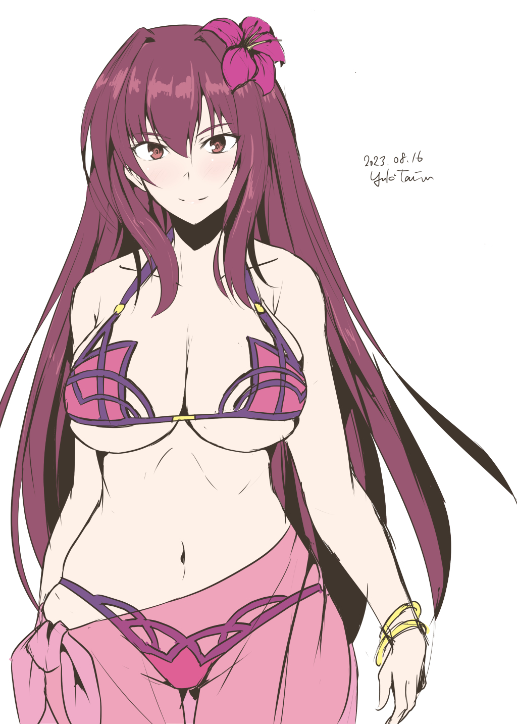 1girl artist_name bikini breasts cleavage cowboy_shot dated fate/grand_order fate_(series) flower hair_flower hair_ornament highres looking_at_viewer purple_eyes purple_hair sarong scathach_(fate) scathach_(swimsuit_assassin)_(fate) smile solo swimsuit taira_yuuki white_background