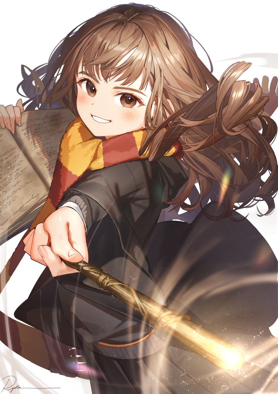 1girl gryffindor harry_potter_(series) hermione_granger highres hogwarts_school_uniform long_sleeves ryota_(ry_o_ta) school_uniform simple_background solo standing wand white_background wide_sleeves wizarding_world