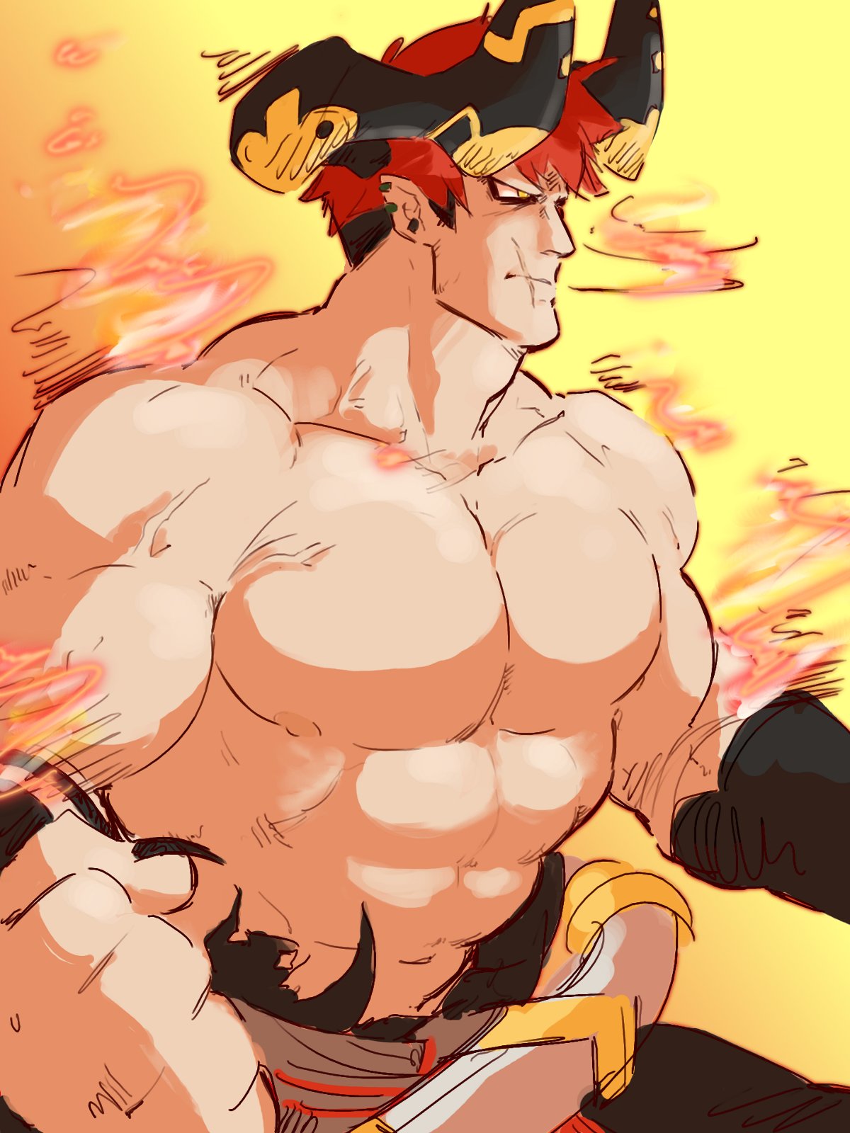 1boy abs bara character_request cow_boy cow_horns dragalia_lost from_side highres horns large_horns large_pectorals looking_ahead male_focus muscular muscular_male nipples pectorals piikeisandaa pointy_ears scar scar_on_face scar_on_mouth short_hair solo stomach strongman_waist thick_eyebrows topless_male