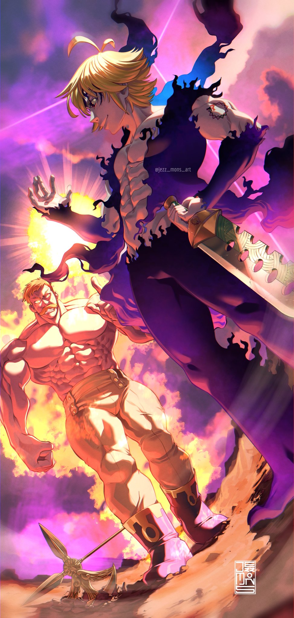 2boys abs black_pants black_vest blonde_hair brown_pants clenched_teeth closed_mouth cloud cloudy_sky day escanor facial_hair facial_mark highres holding holding_weapon jezz_mons_art large_pectorals looking_at_another male_focus meliodas multiple_boys muscular muscular_male mustache nanatsu_no_taizai navel open_clothes open_vest outdoors pants pectorals short_hair sky smile sword teeth topless_male twitter_username vest weapon