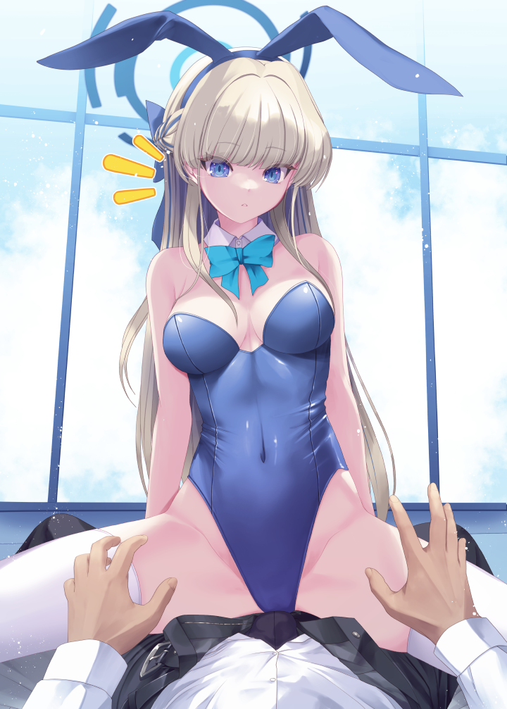 1boy 1girl animal_ears aqua_bow aqua_bowtie bare_shoulders blonde_hair blue_archive blue_bow blue_bowtie blue_eyes blue_hairband blue_leotard blush bow bowtie breasts cleavage covered_navel detached_collar fake_animal_ears girl_on_top hairband halo highleg highleg_leotard kirishima_satoshi leotard long_hair looking_down medium_breasts official_alternate_costume parted_lips playboy_bunny pov pov_hands rabbit_ears sitting sitting_on_person solo_focus spread_legs straddling strapless strapless_leotard thighhighs toki_(blue_archive) toki_(bunny)_(blue_archive) white_thighhighs