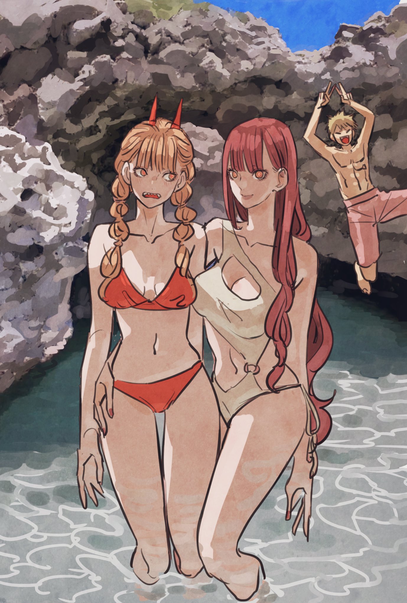 1boy 2girls abs alternate_costume alternate_hair_length alternate_hairstyle arm_around_waist arm_behind_back asymmetrical_one-piece_swimsuit beach bikini blonde_hair blush braid breasts chainsaw_man cleavage cleavage_cutout closed_eyes clothing_cutout commentary day demon_horns denji_(chainsaw_man) double_v fangs feet_out_of_frame highres horns jumping long_hair looking_at_another looking_at_viewer looking_to_the_side makima_(chainsaw_man) marine_day medium_breasts multiple_girls nail_polish navel o-ring one-piece_swimsuit open_mouth orange_eyes outdoors photobomb pink_shorts power_(chainsaw_man) pull_cord red_bikini red_hair red_nails ringed_eyes rock short_hair shorts smile spiked_hair standing stomach swimsuit takeuchi_ryousuke teeth twin_braids upper_teeth_only v wading white_one-piece_swimsuit