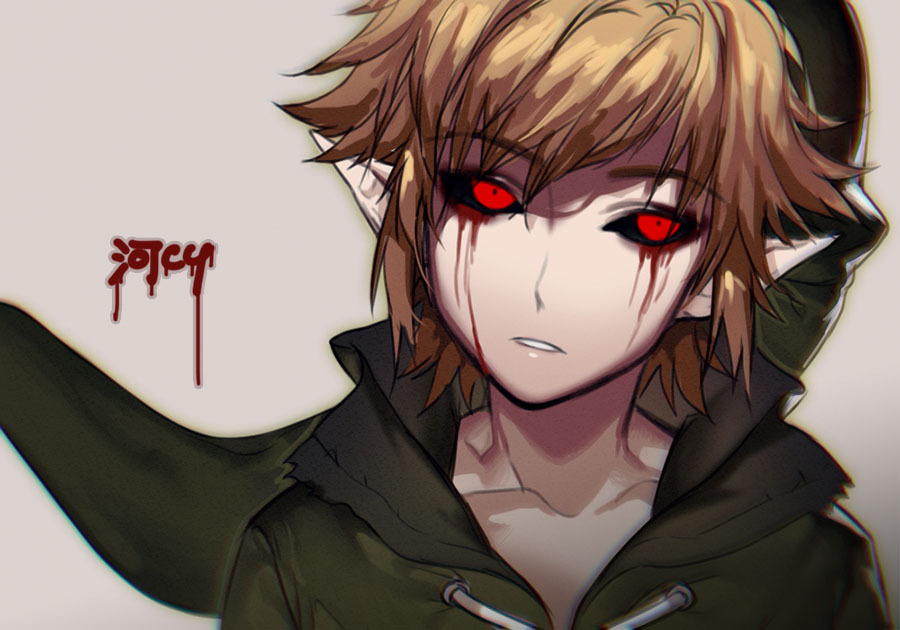 1boy artist_name ben_drowned blonde_hair blood blood_from_eyes blood_on_face colored_sclera creepypasta green_jacket holding hood hooded_jacket jacket kawacy looking_at_viewer pointy_ears quick_sketch solo the_legend_of_zelda the_legend_of_zelda:_majora's_mask tunic