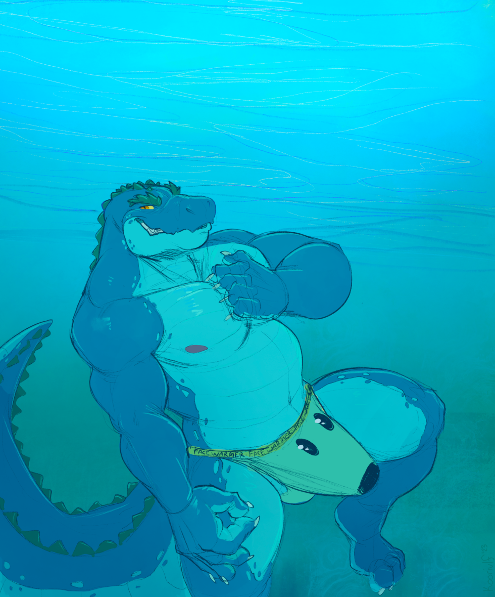 2023 anthro chest_grope clothing digital_media_(artwork) erection genitals gesture jockstrap koorivlf let_me_do_it_for_you looking_at_viewer male meme mostly_nude muscular muscular_male nipples ok_sign scalie side_balls solo tenting underwater underwear water zaszthecroc