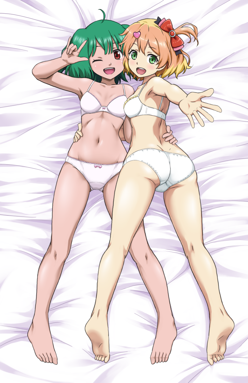 2girls ;d \n/ arm_around_waist ass ass_visible_through_thighs back barefoot bed_sheet blonde_hair bow bow_bra bow_panties bra breasts commission crotch_seam freyja_wion from_above green_eyes green_hair hair_bow hair_ornament heart heart_hair_ornament highres lace-trimmed_bra lace-trimmed_panties lace_trim lying macross macross_delta macross_frontier multiple_girls navel on_back on_bed on_stomach one_eye_closed one_side_up panties ranka_lee reaching reaching_towards_viewer red_bow red_eyes series_connection short_hair short_twintails skeb_commission small_breasts smile trefoil twintails underwear underwear_only vierosky white_panties