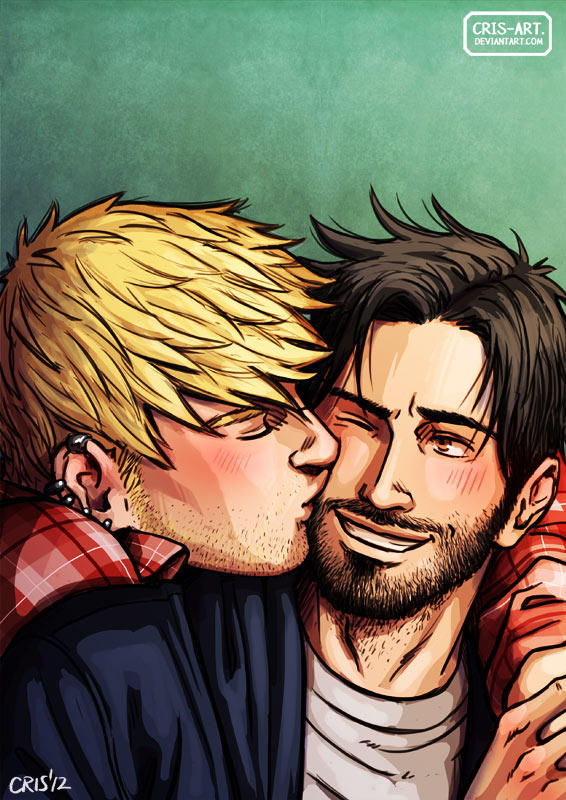 2boys aged_up alternate_facial_hair bara beard_stubble black_hair blonde_hair blush closed_eyes couple cris_art ear_piercing green_background holding_hands hulkling kiss kissing_cheek male_focus marvel multiple_boys mustache_stubble neckbeard one_eye_closed piercing short_hair sideburns sparse_stubble thick_eyebrows upper_body wiccan yaoi