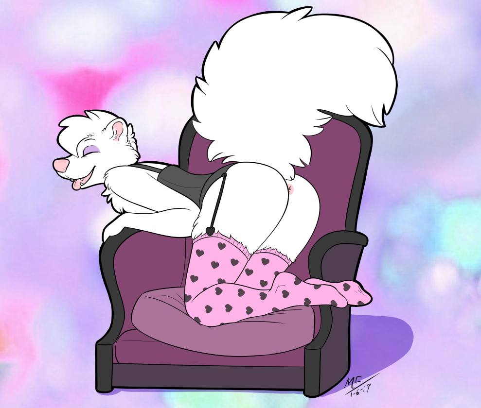 anthro anus armchair butt chair clothed clothing fluffy fluffy_tail fur furniture girly harp_(skunkbutts) legwear lingerie male mammal mephitid moodyferret open_mouth partially_clothed presenting presenting_hindquarters raised_tail skunk skunk_tail slim solo stockings tail white_body white_fur