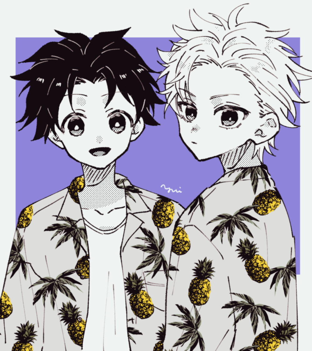 2boys alternate_costume alternate_hairstyle black_hair gon_freecss hawaiian_shirt hunter_x_hunter killua_zoldyck looking_at_viewer male_child male_focus multiple_boys oomoriokome open_clothes open_shirt pineapple_print purple_background shirt short_hair smile two-tone_background upper_body white_background white_hair