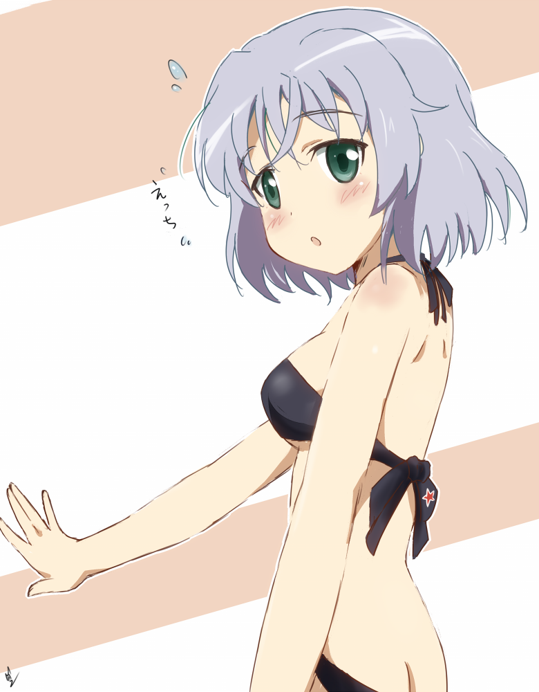 1girl bikini black_bikini blush green_eyes grey_hair ma-2_(konkon_kitakitsune) open_mouth sanya_v._litvyak short_hair simple_background solo strike_witches strike_witches:_aurora_no_majo strike_witches:_suomus_misfits_squadron swimsuit world_witches_series