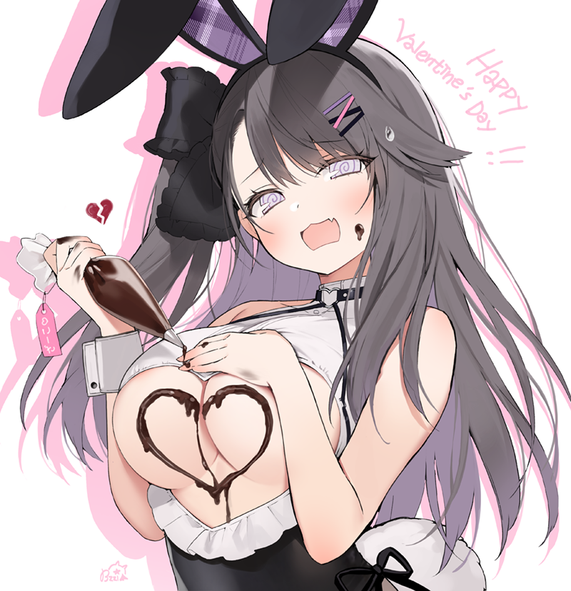 1girl :d @_@ animal_ears azur_lane bare_arms bare_shoulders black_hair black_leotard bow breasts byulzzi chocolate chocolate_on_body clothing_cutout commentary_request fake_animal_ears fake_tail fang food_on_body frills grey_eyes hair_bow hair_ornament hairband hairclip heart large_breasts leotard long_hair looking_at_viewer one_side_up pamiat_merkuria_(azur_lane) partial_commentary playboy_bunny rabbit_ears rabbit_tail revealing_clothes smile smug solo tail underboob underboob_cutout upper_body valentine wrist_cuffs