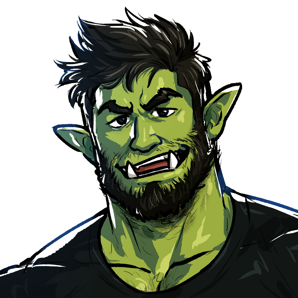 1:1 2023 avantaberrant beard black_beard black_clothing black_eyebrows black_eyes black_hair black_shirt black_topwear clothing eyebrows facial_hair green_body green_skin hair humanoid humanoid_pointy_ears looking_at_viewer male orc shirt short_hair simple_background smile smiling_at_viewer solo teeth_showing topwear tusks white_background