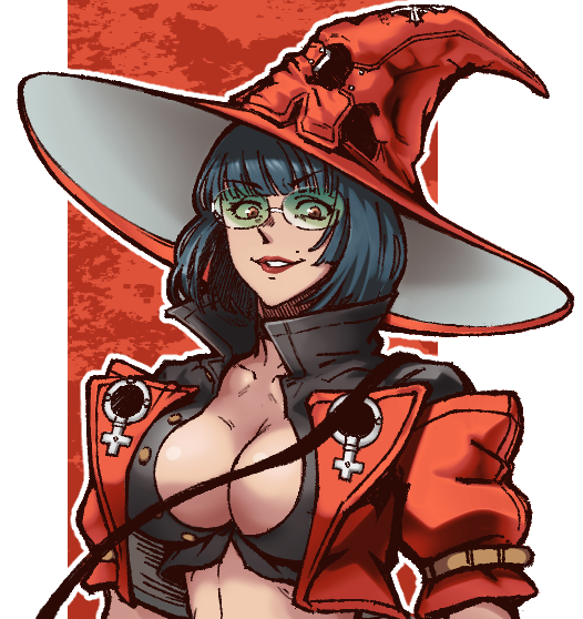 1girl black_choker black_hair breasts choker cleavage green-tinted_eyewear guilty_gear guilty_gear_strive hat i-no large_breasts looking_at_viewer mole mole_above_mouth mori_no_yousei red_eyes red_headwear red_leather red_lips short_hair sunglasses tinted_eyewear venus_symbol witch_hat