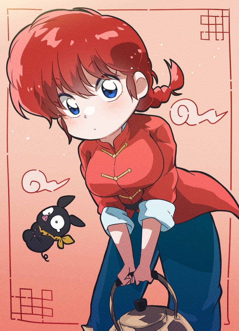 1girl bandana blue_eyes braid braided_ponytail breasts chinese_clothes fuichocobana hair_between_eyes highres holding kettle p-chan pig ranma-chan ranma_1/2 red_background tearing_up yellow_bandana