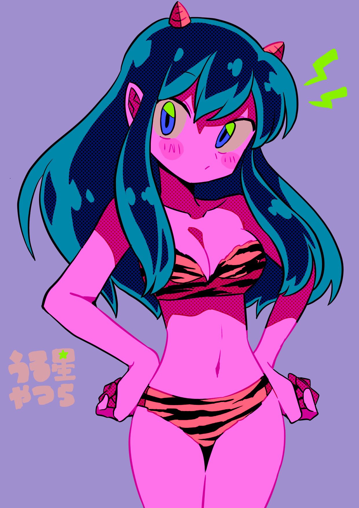 1girl animal_print bikini blue_eyes blush_stickers breasts cleavage closed_mouth collarbone green_eyes hair_between_eyes hands_on_own_hips highres horns large_breasts lightning_bolt_symbol long_hair lum menma_(enaic31) navel oni_horns pointy_ears pout purple_background solo swimsuit tiger_print urusei_yatsura yellow_bikini yellow_horns