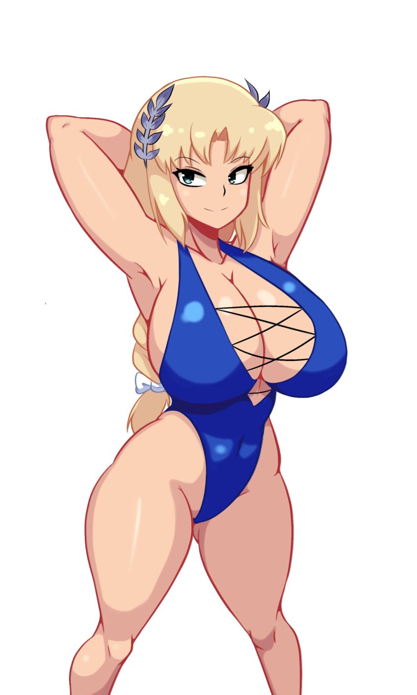 1girl armpits arms_behind_head bandai_namco blonde_hair breasts cleavage collarbone covered_navel green_eyes highres huge_breasts iggybomb legs long_hair mature_female one-piece_swimsuit seductive_smile smile sophitia_alexandra soulcalibur swimsuit thick_thighs thighs