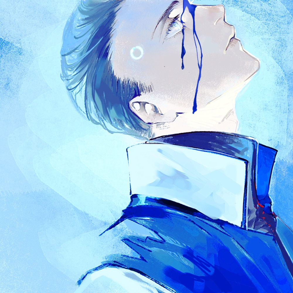 1boy android bleeding blood blood_on_face blue_theme character_request detroit:_become_human eyelashes facial_mark from_side glowing hari1000bom lips looking_up male_focus portrait profile short_hair solo