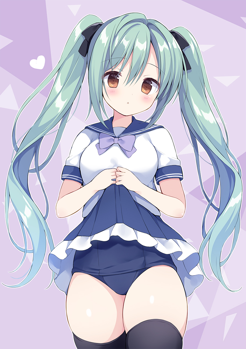 1girl :o black_bow black_thighhighs blue_one-piece_swimsuit blue_sailor_collar blue_skirt blush bow breasts brown_eyes clothes_lift frills green_hair hair_between_eyes hair_bow heart highres izuminanase lifted_by_self long_hair looking_at_viewer medium_breasts old_school_swimsuit one-piece_swimsuit original parted_lips pleated_skirt purple_background purple_bow sailor_collar school_swimsuit school_uniform serafuku shirt short_sleeves skindentation skirt skirt_lift solo swimsuit swimsuit_under_clothes thighhighs twintails white_shirt
