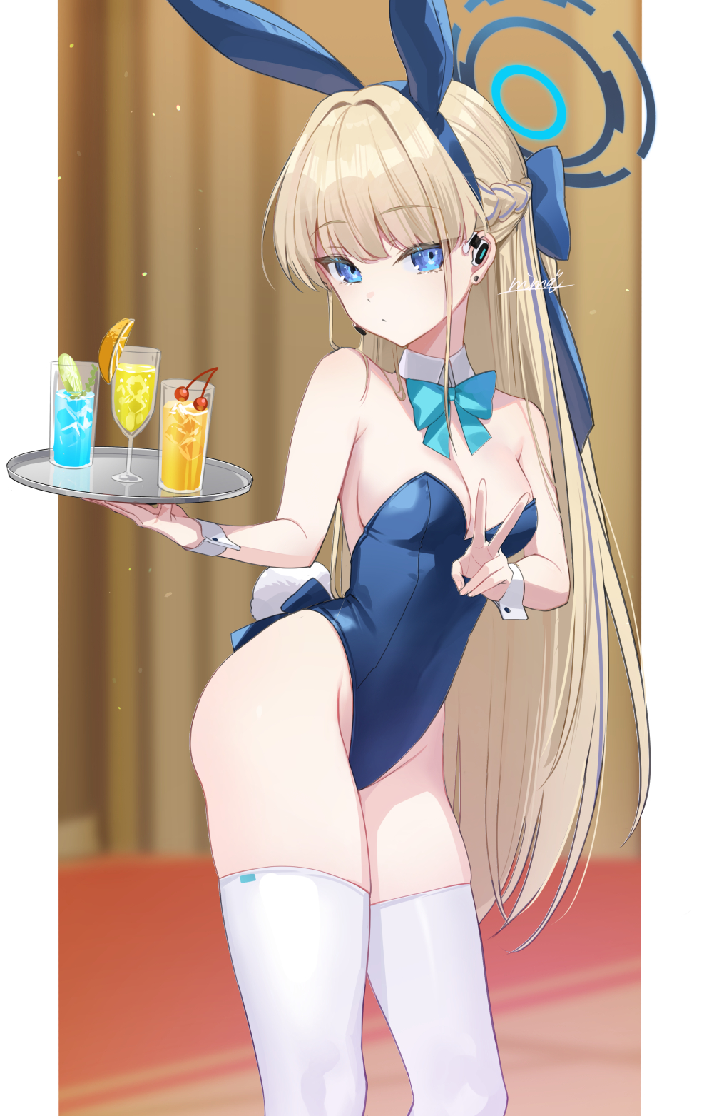1girl animal_ears aqua_bow aqua_bowtie blonde_hair blue_archive blue_eyes blue_leotard bow bowtie breasts commentary detached_collar earpiece fake_animal_ears fake_tail halo highleg highleg_leotard highres holding holding_tray leotard long_hair looking_at_viewer medium_breasts nima_(niru54) official_alternate_costume parted_lips playboy_bunny rabbit_ears rabbit_tail solo strapless strapless_leotard tail thighhighs toki_(blue_archive) toki_(bunny)_(blue_archive) tray v very_long_hair white_thighhighs white_wrist_cuffs wrist_cuffs