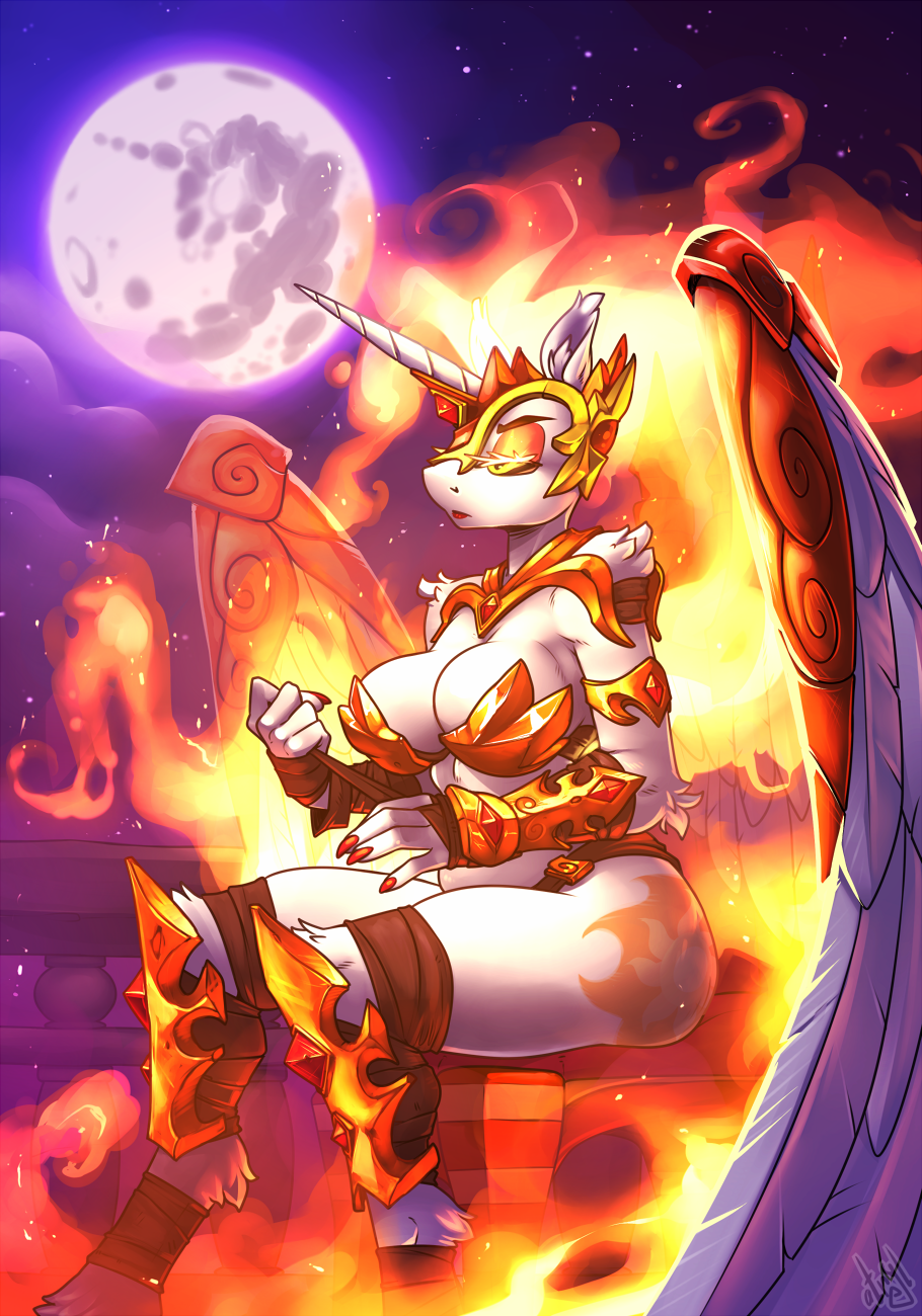 anthro anthrofied armor atryl breasts cleavage clothed clothing colored_nails cutie_mark daybreaker_(mlp) equid equine eyeshadow fantasy_armor female fire flaming_hair flaming_tail friendship_is_magic full_moon gauntlets gloves handwear hasbro headgear helmet hi_res horse lips lipstick long_nails makeup mammal moon my_little_pony nails night orange_eyeshadow orange_lips orange_lipstick orange_nails pony pseudo_hair shin_guards tail wing_armor wings