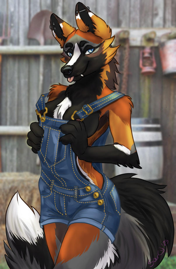 2023 anthro areola barrel black_body black_fur blep blue_eyes canid canine caribou_(artist) clothing cross_fox ear_piercing female fox fur grey_body grey_fur lamp lantern looking_at_viewer mammal nipple_slip overalls photo_background photography_(artwork) piercing red_body red_fox red_fur rope solo tongue tongue_out white_body white_fur