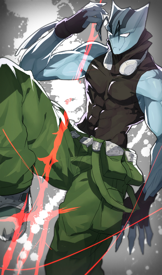 antennae blue_skin cargo_pants colored_skin fingerless_gloves gloves green_pants holding holding_polearm holding_weapon kekkai_sensen merman monster_boy muscular muscular_male pants polearm shoes sleeveless sleeveless_turtleneck suurin_(ksyaro) turtleneck weapon white_eyes zed_o'_brien