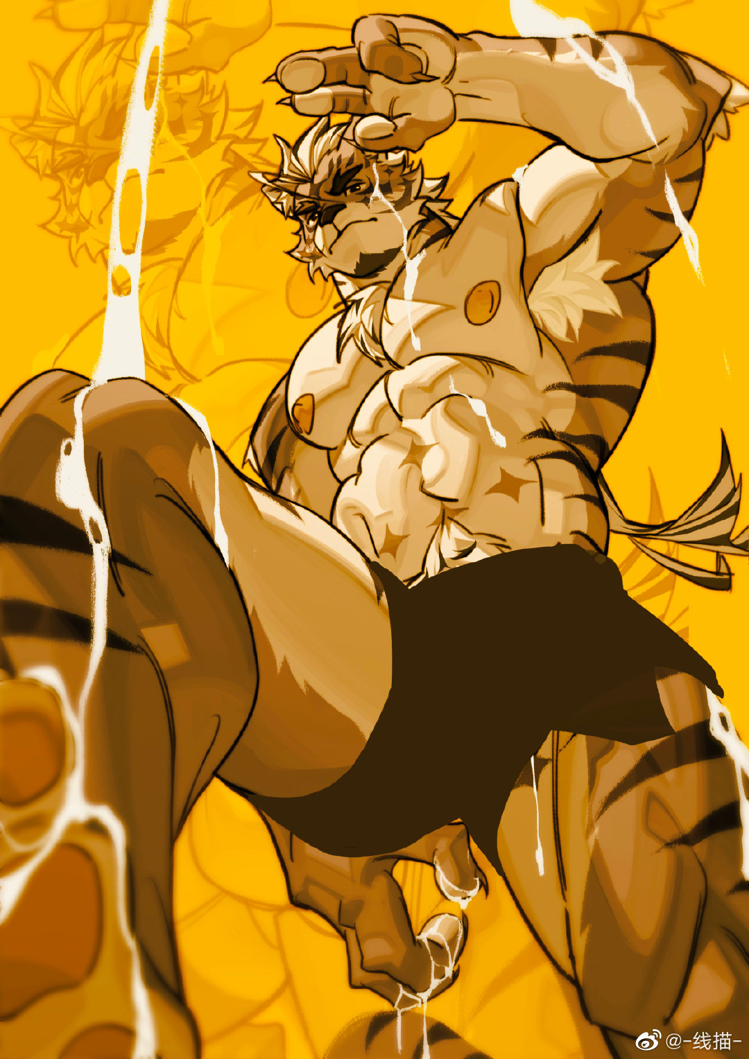 1boy animal_ears bara cum diamond_(shape) facial_hair foot_out_of_frame foreshortening forked_eyebrows from_below furry furry_male goatee highres large_pectorals long_hair male_focus mature_male multicolored_hair muscular muscular_male nipples original pectorals pouring sadiend solo stomach streaked_hair suggestive_fluid thick_eyebrows tiger_boy tiger_ears two-tone_fur xian_miao yellow_theme