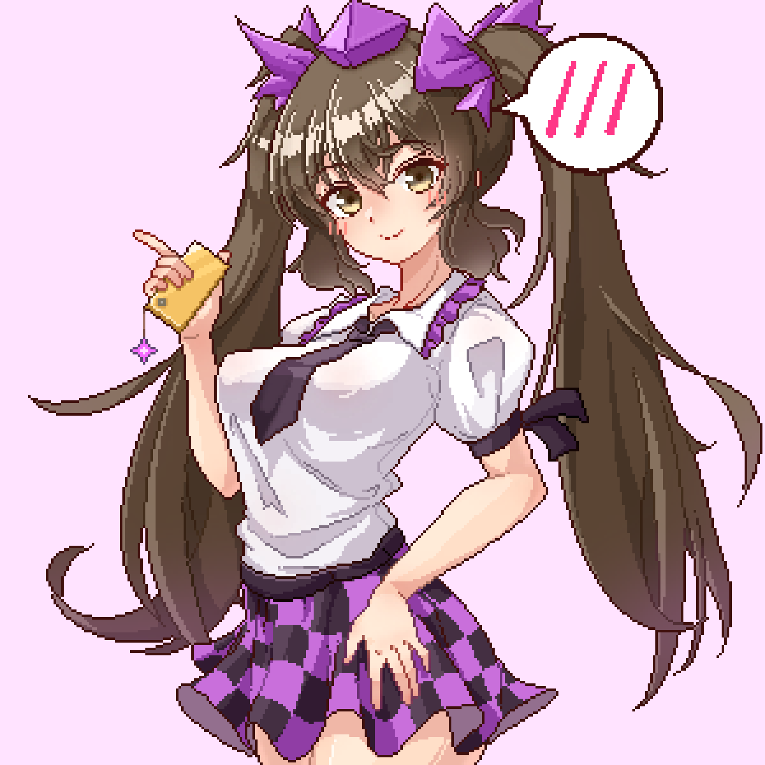 1girl black_necktie black_skirt breasts brown_eyes brown_hair cellphone checkered_clothes checkered_skirt closed_mouth commentary_request eaglov hair_ribbon hat highres himekaidou_hatate holding holding_phone long_hair looking_at_viewer necktie phone pink_background pixel_art purple_headwear purple_ribbon purple_skirt ribbon short_sleeves simple_background skirt smile solo speech_bubble spoken_blush tokin_hat touhou variant_set