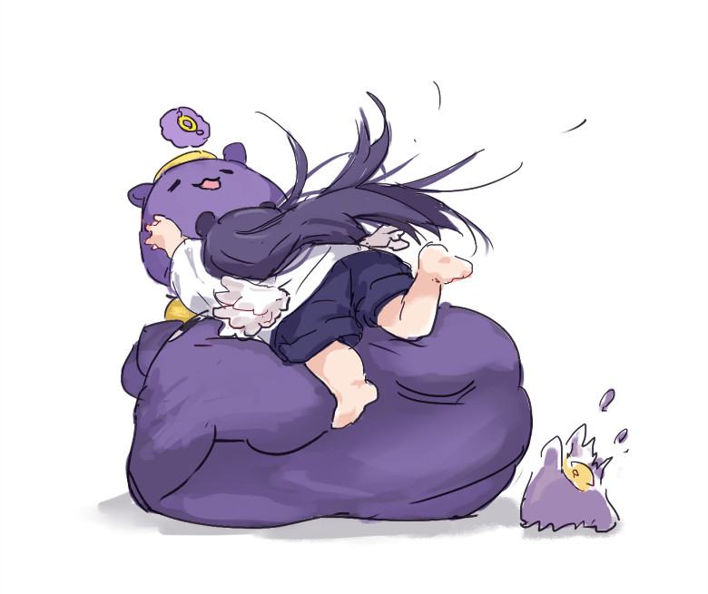 1girl barefoot bean_bag_chair commentary english_commentary falling feathered_wings gradient_hair halo hololive hololive_english long_hair low_wings multicolored_hair ninomae_ina'nis octopus orange_hair pointy_ears purple_hair shirt short_sleeves shorts simple_background takodachi_(ninomae_ina'nis) tentacle_hair tripping very_long_hair virtual_youtuber white_background white_shirt white_wings wings yuuyu_(777)