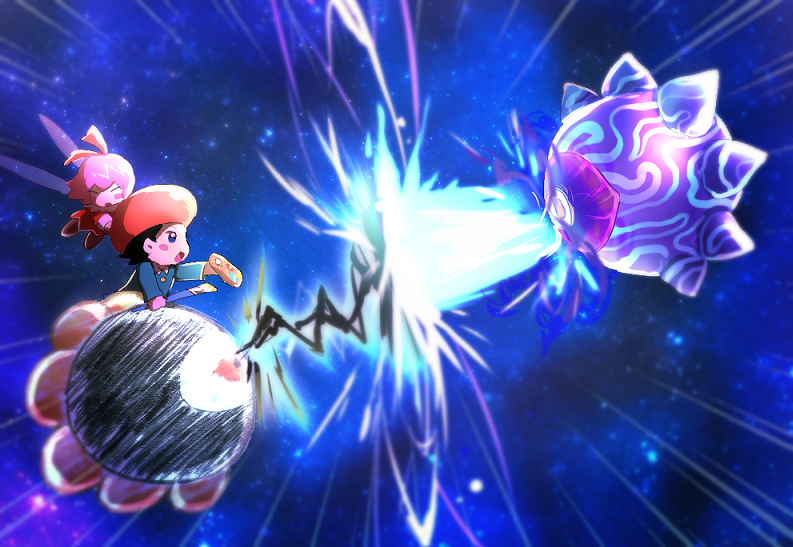 2girls adeleine battle beret black_hair blue_eyes blush blush_stickers chiimako closed_eyes collared_shirt commentary_request dark_matter dress energy energy_beam eye_beam fairy fairy_wings green_shirt hair_between_eyes hair_ribbon hat holding holding_paintbrush holding_palette kirby:_star_allies kirby_(series) long_sleeves looking_at_another multiple_girls one-eyed open_mouth outstretched_arm paintbrush palette_(object) parted_bangs pink_hair red_dress red_eyes red_headwear red_ribbon ribbon ribbon_(kirby) riding shirt short_hair space v-shaped_eyebrows void_termina wings