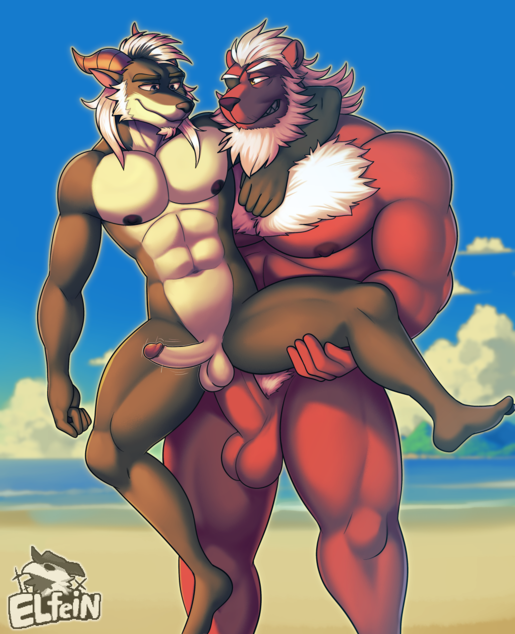 anthro anthro_on_anthro anthro_penetrated anthro_penetrating anthro_penetrating_anthro balls beach brown_body brown_fur canid canine cloud day duo elfein erection eye_patch eyewear felid fur genitals hair hi_res horn humanoid_genitalia humanoid_penis lion male male/male male_penetrated male_penetrating male_penetrating_male mammal mature_male muscular muscular_anthro muscular_male nipples pantherine penetration penis penis_size_difference pubes sea seaside sex sky water white_hair