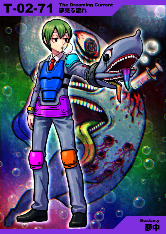 1boy armor black_footwear blood bloodshot_eyes blue_jacket blue_pants brown_eyes bubble bubble_blowing check_gender collared_jacket collared_shirt commentary_request dark_background denim e.g.o_(project_moon) employee_(lobotomy_corporation) full_body gauntlets grey_hair half-closed_eyes injury jacket jeans knee_pads lobotomy_corporation long_sleeves looking_to_the_side meimaru_inuchiyo necktie needle numbered open_mouth outstretched_arm pants parted_bangs partial_commentary project_moon rainbow_gradient raised_eyebrows red_necktie shark shirt shoes short_hair single_gauntlet single_shoulder_pad teeth the_dreaming_current tongue white_shirt