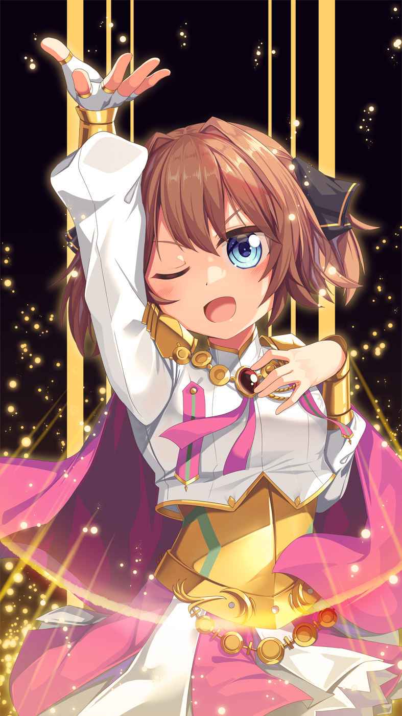 1girl arm_up black_ribbon blue_eyes brooch brown_hair cape commentary_request fingerless_gloves gloves hachijou_(kancolle) hair_ribbon hand_on_own_chest highres jewelry kantai_collection long_sleeves looking_at_viewer one_eye_closed open_mouth pink_cape pink_skirt puffy_long_sleeves puffy_sleeves ribbon shirt short_hair single_glove skirt smile solo t.m._opera_o_(umamusume) umamusume white_gloves white_shirt white_skirt yasume_yukito