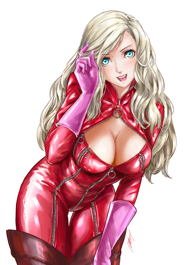 1girl :d adjusting_hair albyee blonde_hair blue_eyes bodysuit breasts cleavage commission english_commentary hair_down hair_ornament hairclip hand_up large_breasts leaning_forward long_hair looking_at_viewer open_mouth persona persona_5 red_bodysuit signature simple_background smile solo takamaki_anne thigh_gap wavy_hair white_background zipper zipper_pull_tab