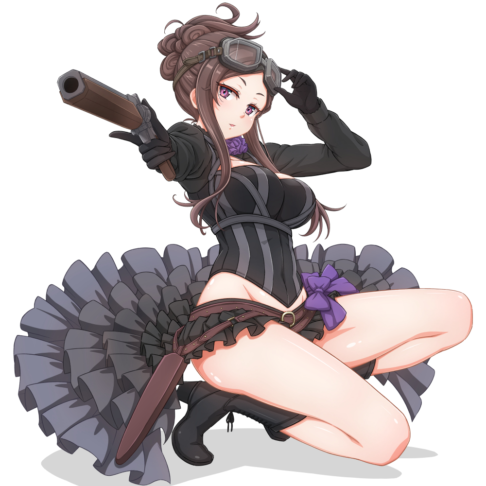 1girl adjusting_eyewear aiming aiming_at_viewer belt black_footwear black_gloves black_skirt boots bow breasts brown_belt brown_hair commentary_request dorothy_(princess_principal) folded_ponytail gloves goggles goggles_on_head gun hand_on_eyewear handgun holding holding_gun holding_weapon large_breasts long_sleeves looking_at_viewer microskirt on_one_knee princess_principal purple_bow purple_eyes shadow shakunetsujigoku showgirl_skirt sidelocks simple_background skirt solo weapon white_background
