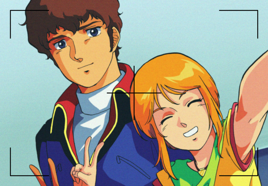 1980s_(style) 1boy 1girl ^_^ amuro_ray blue_background blue_eyes blue_jacket brown_hair char's_counterattack closed_eyes closed_mouth commentary_request dark-skinned_male dark_skin elpeo_puru grin gundam gundam_zz hasemil head_tilt jacket jewelry looking_at_viewer necklace official_style orange_hair retro_artstyle scanlines selfie shirt short_hair short_hair_with_long_locks simple_background smile turtleneck upper_body v viewfinder white_shirt