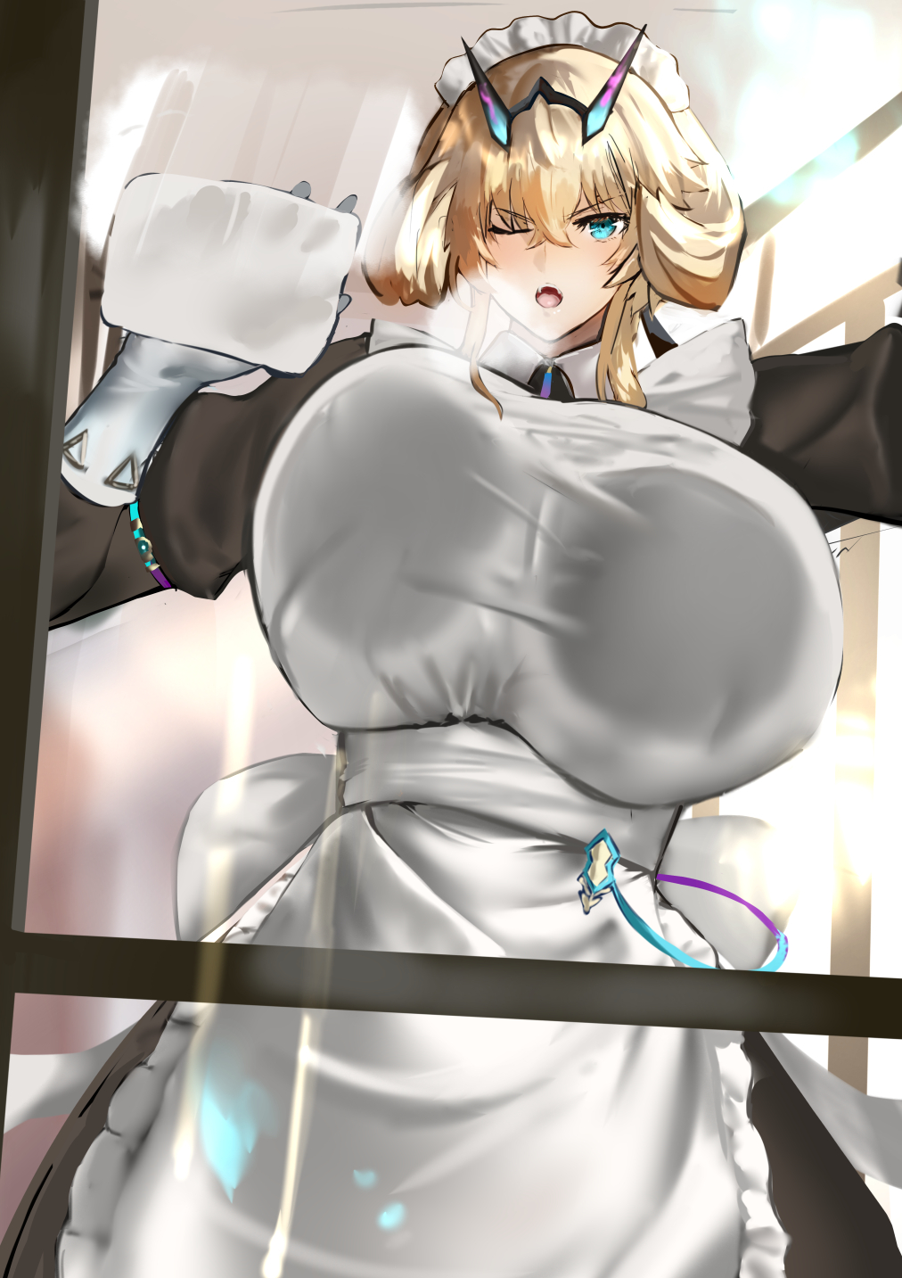 1girl against_glass apron barghest_(fate) barghest_(swimsuit_archer)_(fate) black_dress blonde_hair blue_eyes breast_press breasts cleaning cleaning_windows collared_dress dress fate/grand_order fate_(series) gloves highres horns huge_breasts jikihatiman long_sleeves looking_at_viewer maid maid_headdress medium_hair one_eye_closed open_mouth solo wash_cloth white_apron white_gloves window