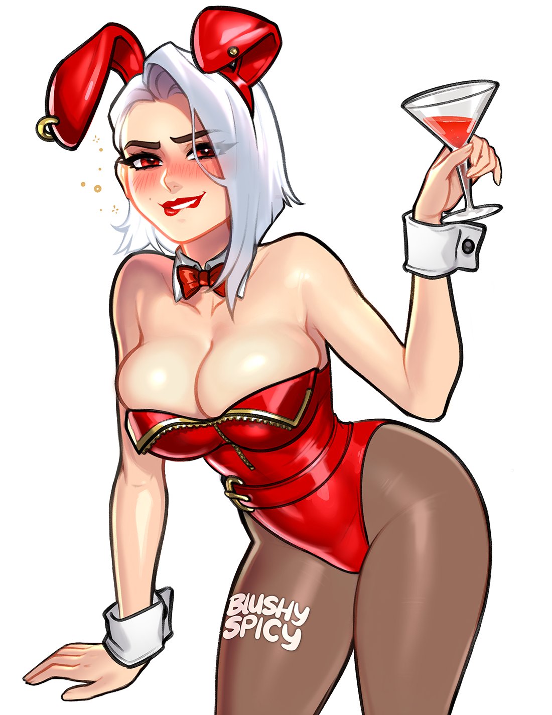 1girl animal_ears artist_name ashe_(overwatch) bare_shoulders biting blush blushyspicy bow bowtie breasts brown_pantyhose cleavage cocktail_glass cowboy_shot cup detached_sleeves drinking_glass earrings fake_animal_ears hand_up highres holding holding_cup jewelry large_breasts leaning_forward leotard lip_biting medium_hair overwatch pantyhose rabbit_ears red_bow red_bowtie red_eyes red_leotard shiny_skin simple_background smile solo teeth white_background white_hair wrist_cuffs